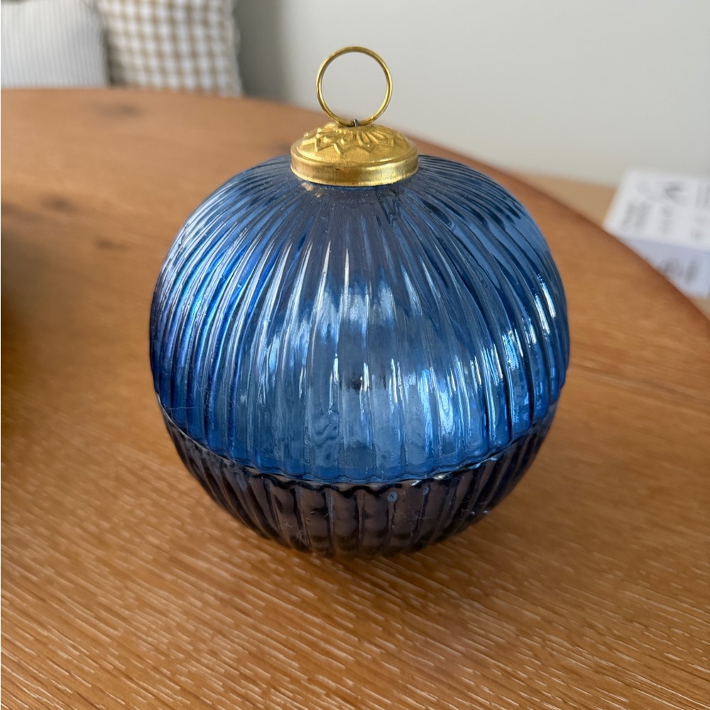 Ribbed Blue Glass Ornament with Gold Top
